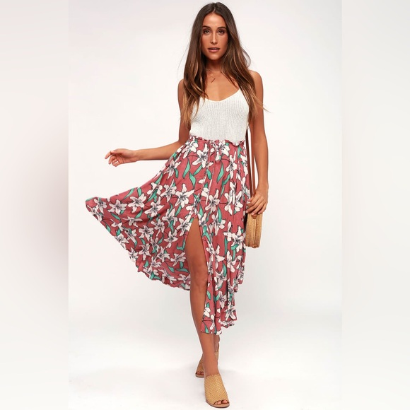 Kalani Rusty Rose Floral Print Midi Skirt - Picture 1 of 5